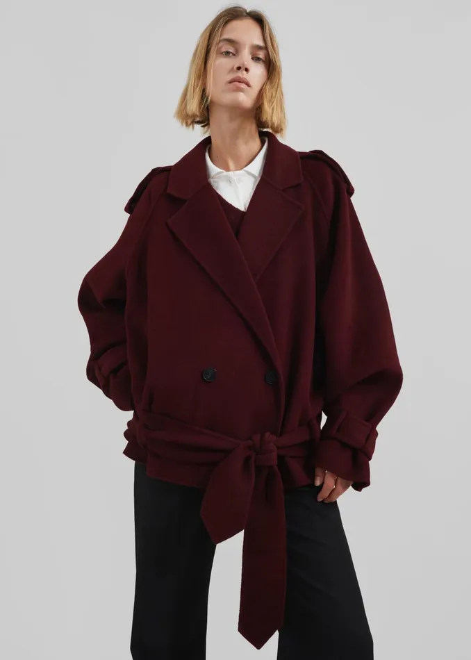 Women Elys Short Wool Trench 8211 Burgundy The Frankie Shop Outerwear
