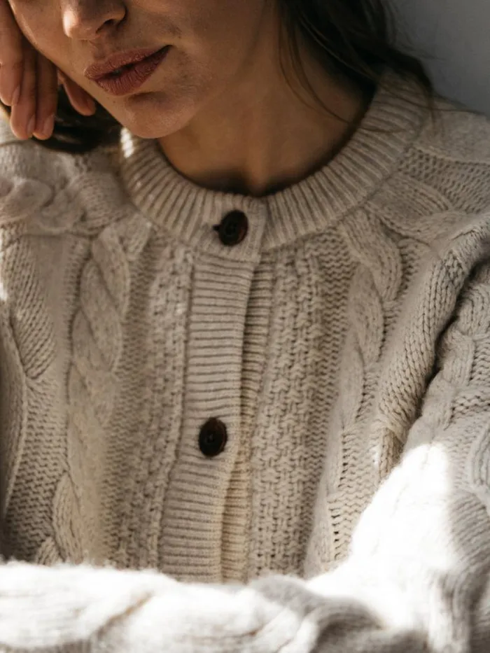 Women Ennis Cable Knit Cardigan Oatmeal Finisterre Knitwear