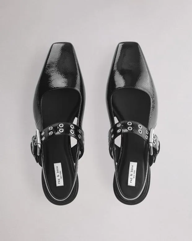 Women Flats Rag and Bone Astra Leather Slingback Black Patent