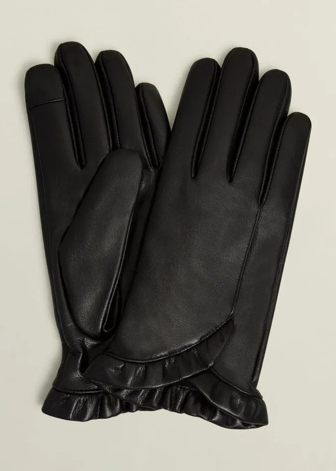 Women Gloves Hobbs Edeline Leather Ruffle Gloves Black