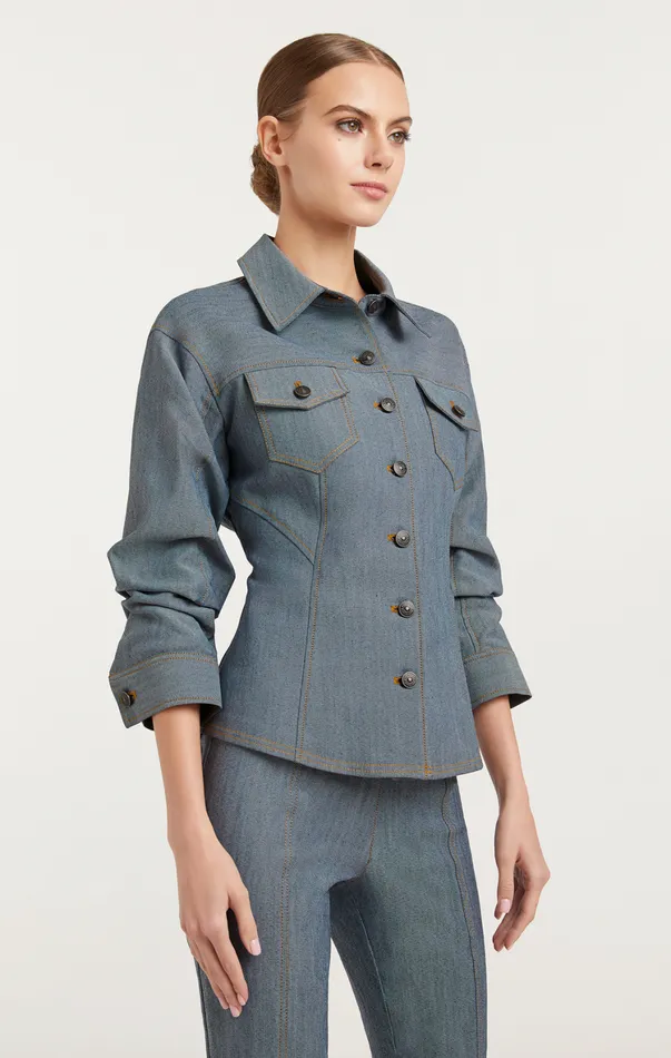 Women Jackets Cinq Sept Reverse Denim Scrunched Canyon Jacket Light Indigo