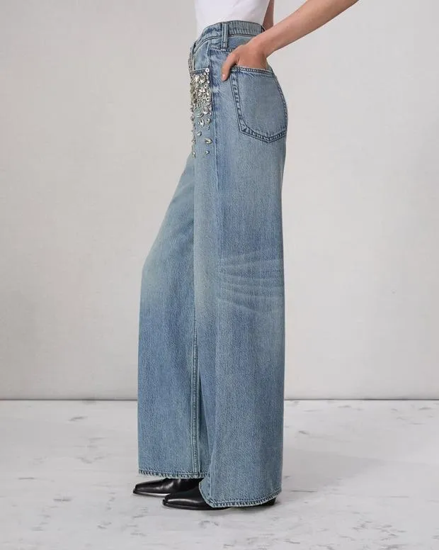 Women Jeans Rag and Bone Featherweight Sofie WideLeg Jean Featherweight Denim Mali With Jewels