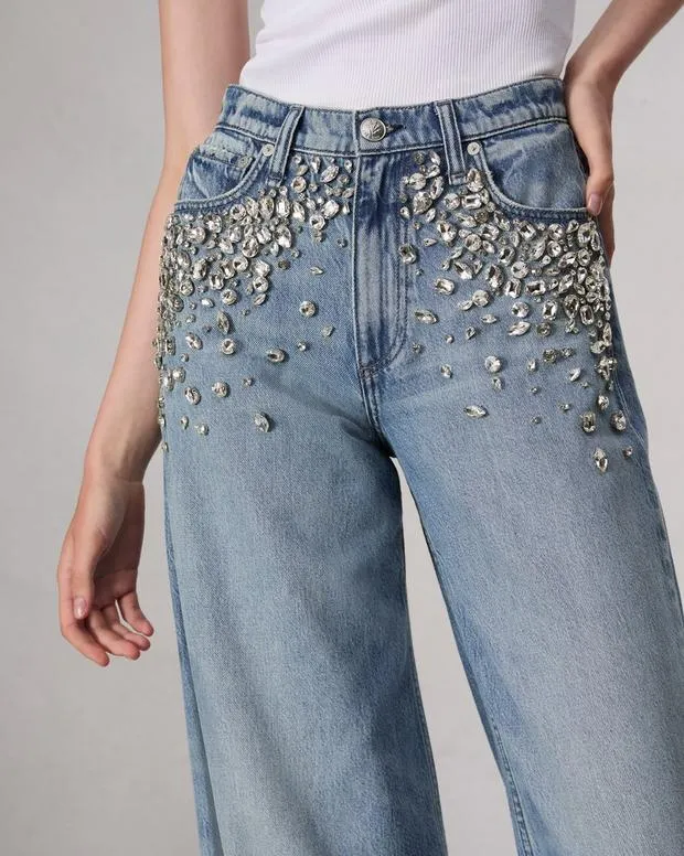 Women Jeans Rag and Bone Featherweight Sofie WideLeg Jean Featherweight Denim Mali With Jewels
