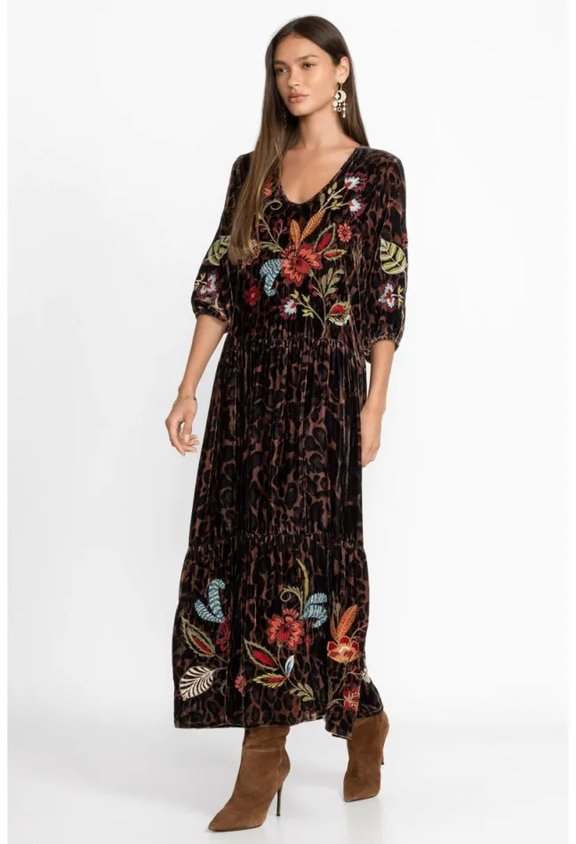 Women Johnny Was Dresses Isabella Velvet Tiered Dress French Leopard