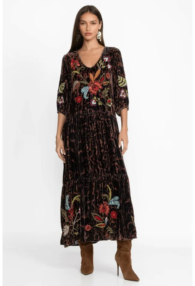 Women Johnny Was Dresses Isabella Velvet Tiered Dress French Leopard
