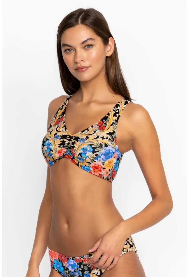 Women Johnny Was Swim and Resort Black Royal Ruched Bikini Top Multi