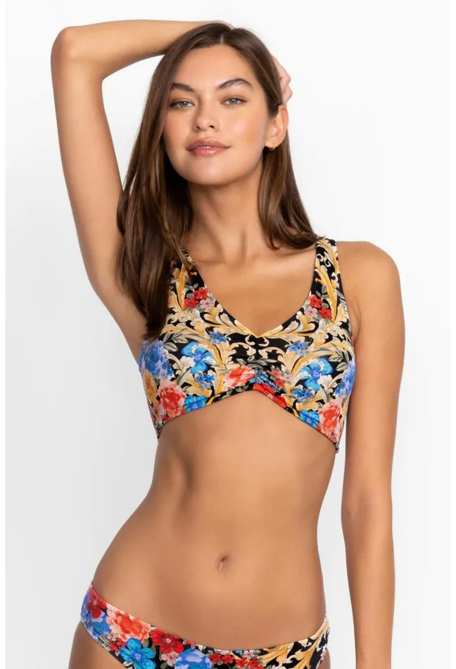 Women Johnny Was Swim and Resort Black Royal Ruched Bikini Top Multi