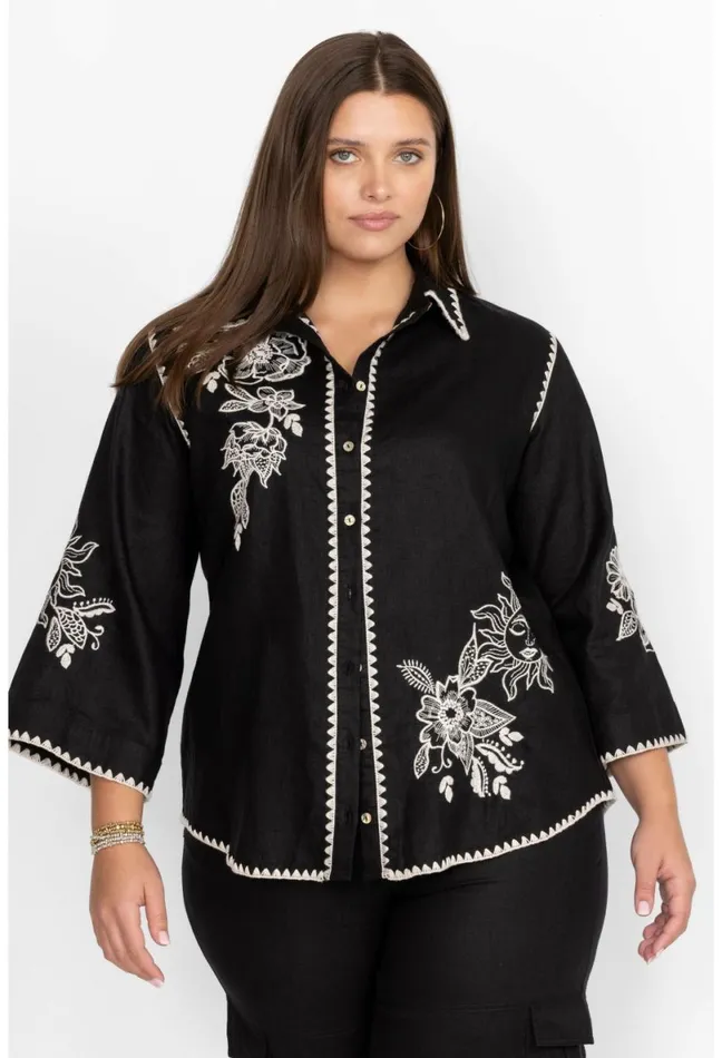 Women Johnny Was Tops Addison Kimono Sleeve Shirt Black