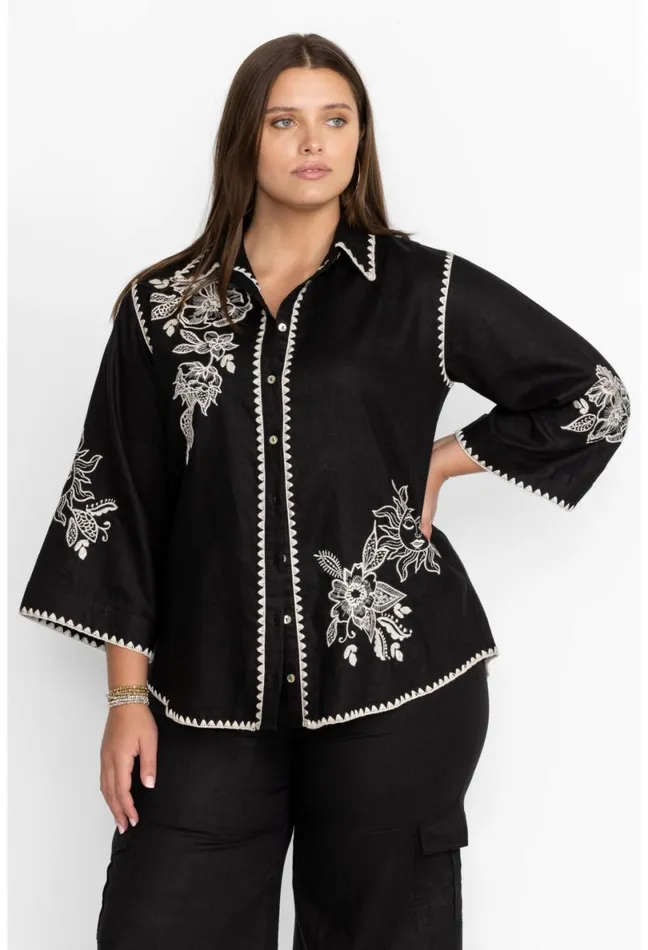 Women Johnny Was Tops Addison Kimono Sleeve Shirt Black