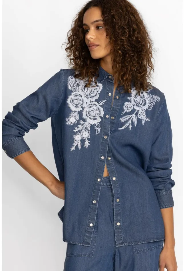 Women Johnny Was Tops Alicent Denim Button Down Shirt Denim Blue