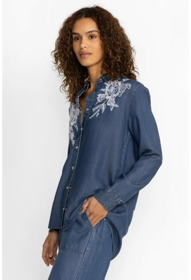 Women Johnny Was Tops Alicent Denim Button Down Shirt Denim Blue