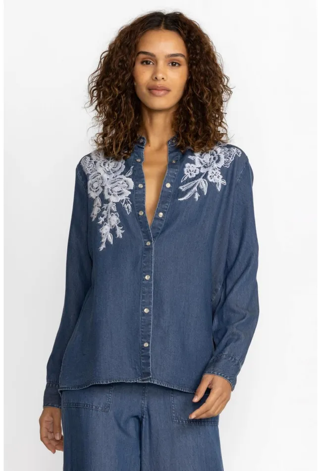 Women Johnny Was Tops Alicent Denim Button Down Shirt Denim Blue