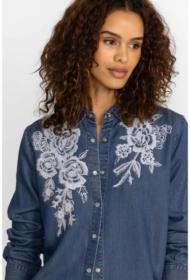 Women Johnny Was Tops Alicent Denim Button Down Shirt Denim Blue