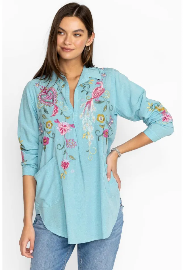 Women Johnny Was Tops Ashlee Henley Popover Tunic Plaid