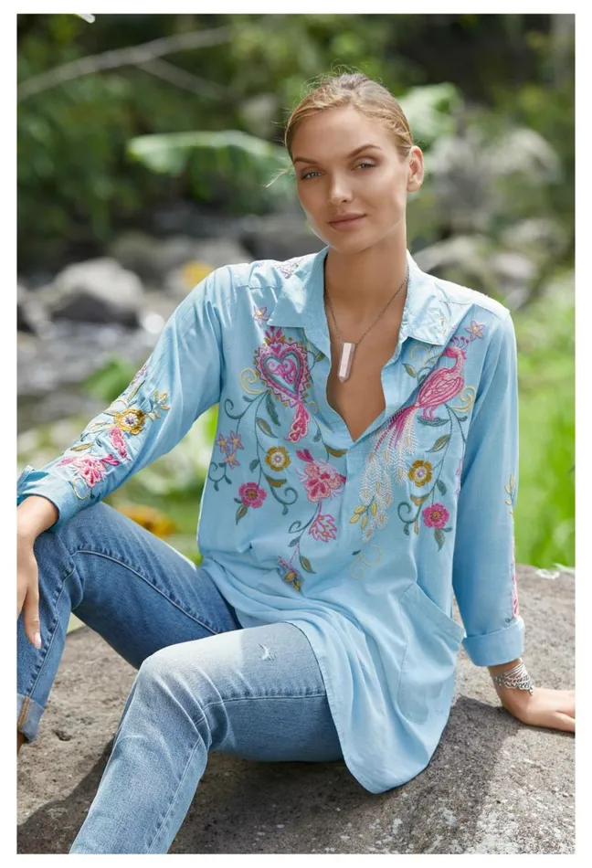 Women Johnny Was Tops Ashlee Henley Popover Tunic Plaid