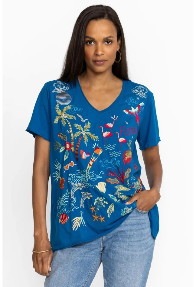 Women Johnny Was Tops Florida Everyday Tee Mykonos Blue