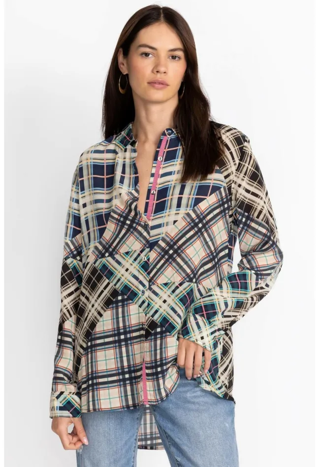 Women Johnny Was Tops Idora Patchwork Button Down Shirt Multi