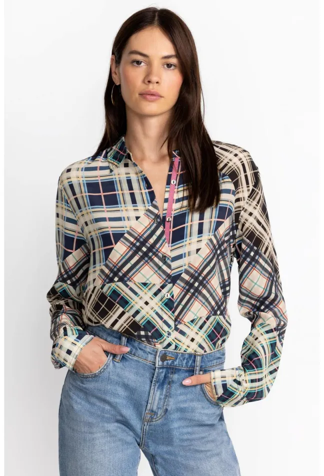 Women Johnny Was Tops Idora Patchwork Button Down Shirt Multi