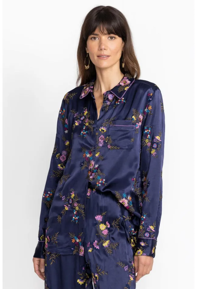 Women Johnny Was Tops Misty Rayon Button Down Shirt Sapphire Blue