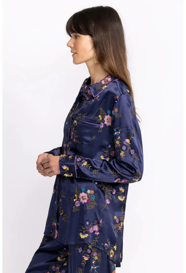Women Johnny Was Tops Misty Rayon Button Down Shirt Sapphire Blue