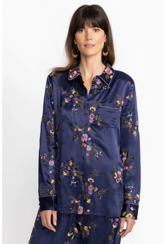 Women Johnny Was Tops Misty Rayon Button Down Shirt Sapphire Blue