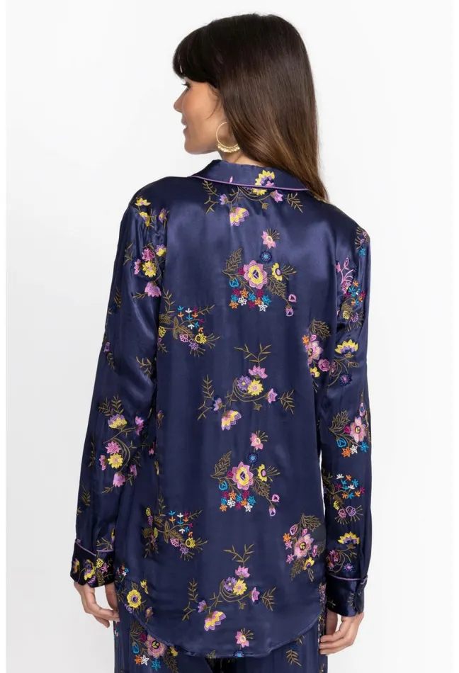 Women Johnny Was Tops Misty Rayon Button Down Shirt Sapphire Blue