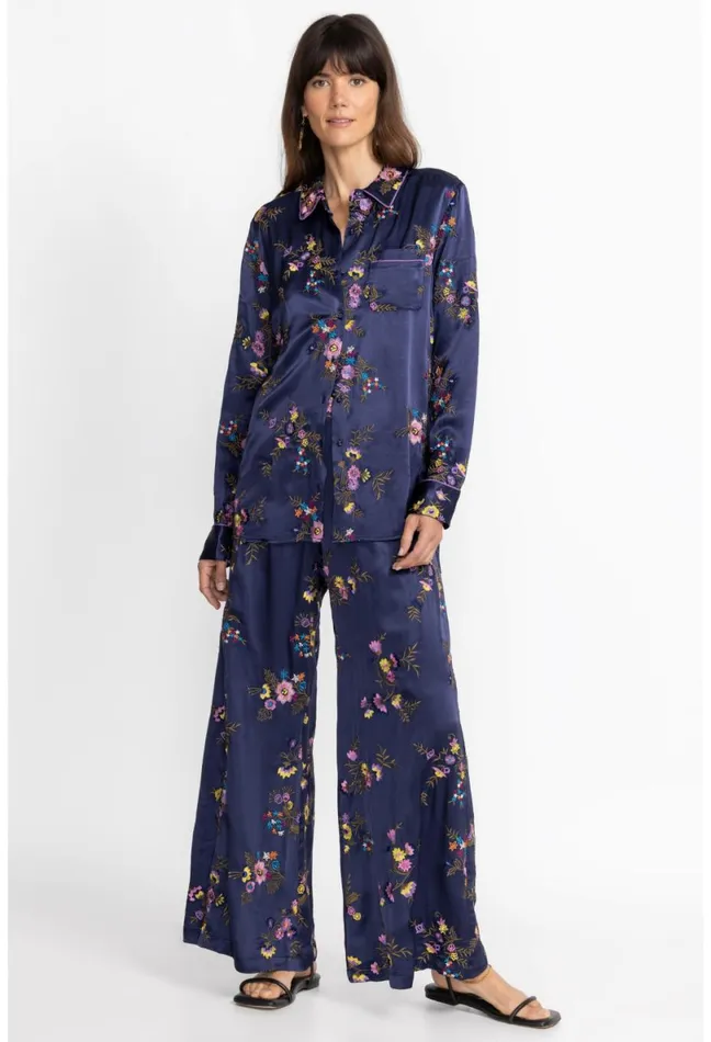 Women Johnny Was Tops Misty Rayon Button Down Shirt Sapphire Blue