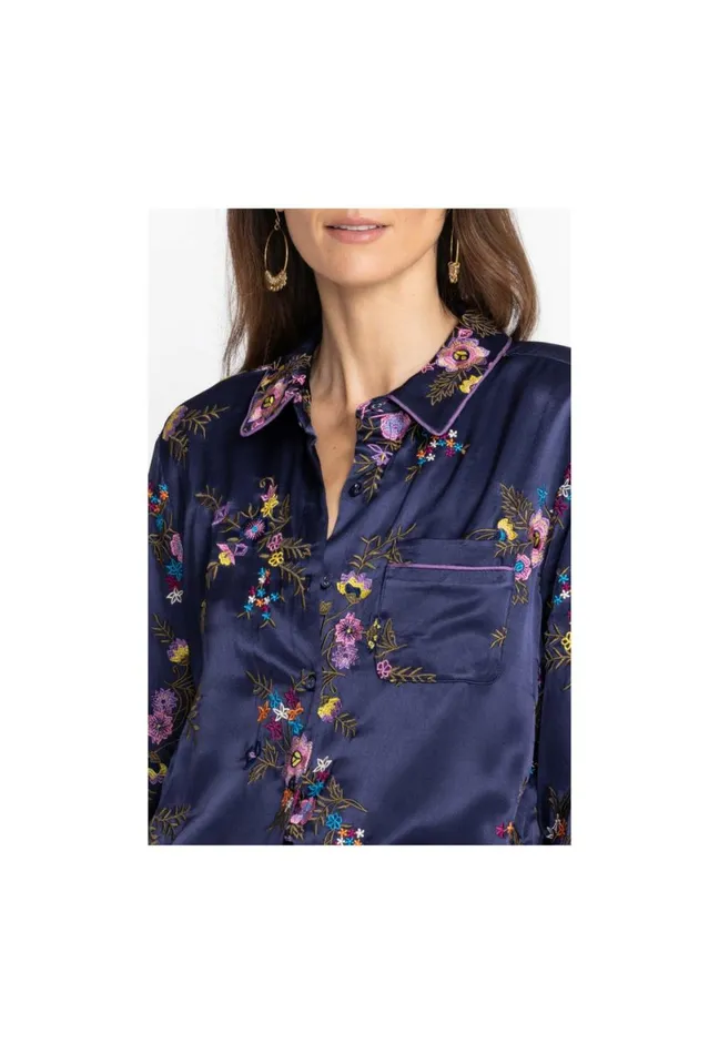 Women Johnny Was Tops Misty Rayon Button Down Shirt Sapphire Blue