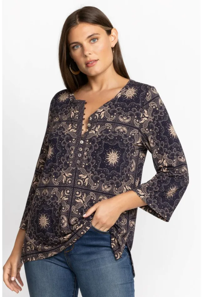 Women Johnny Was Tops Runa Button Front Henley Tee Runa