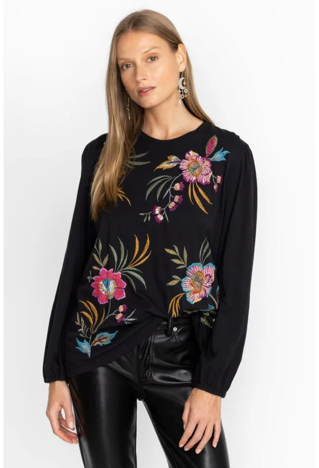 Women Johnny Was Tops Sidonia Bishop Sleeve Sequin Tee Black