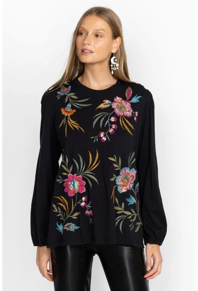 Women Johnny Was Tops Sidonia Bishop Sleeve Sequin Tee Black