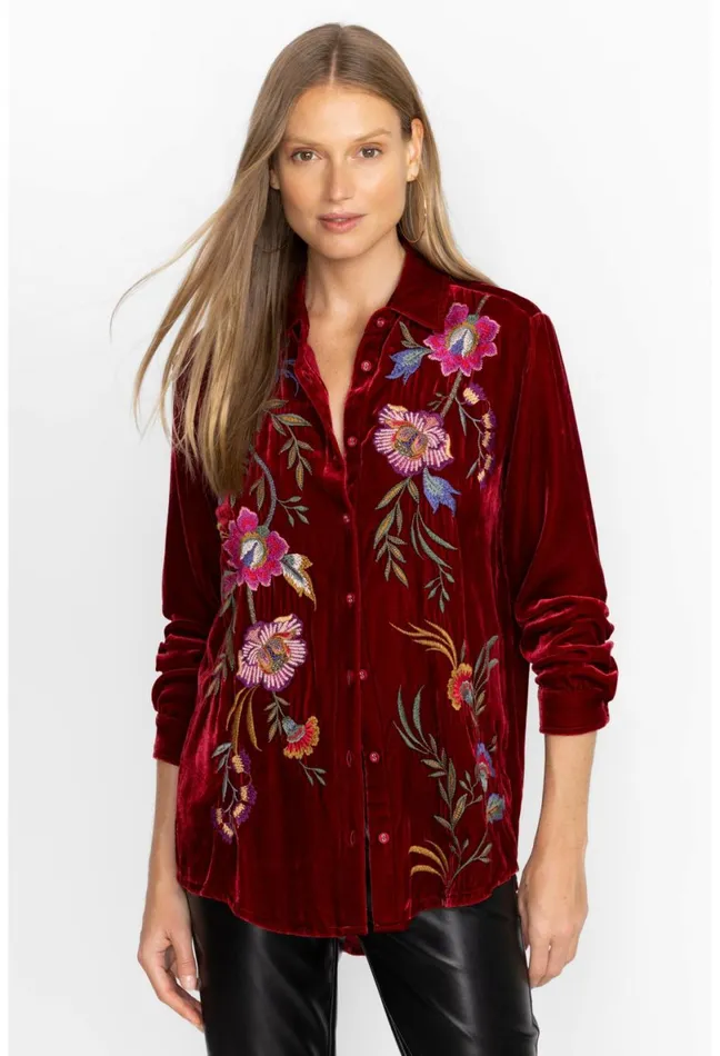 Women Johnny Was Tops Sidonia Velvet Oversized Pleat Shirt Rich Red