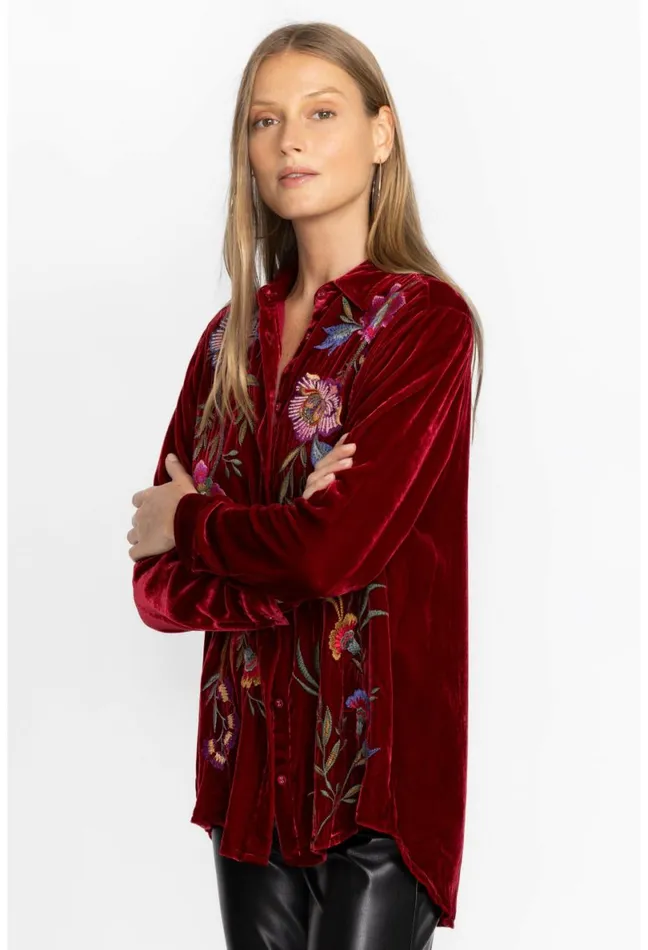 Women Johnny Was Tops Sidonia Velvet Oversized Pleat Shirt Rich Red