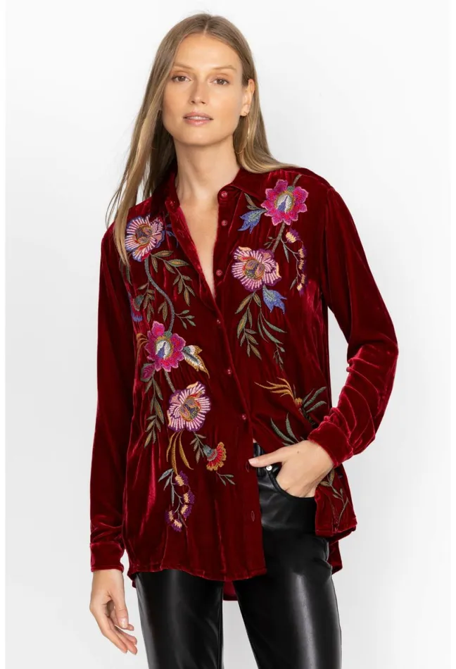 Women Johnny Was Tops Sidonia Velvet Oversized Pleat Shirt Rich Red