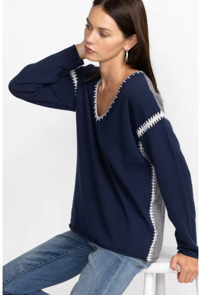 Women Johnny Was Tops The Whipstitch V Neck Pullover 8211 Color Block Navy