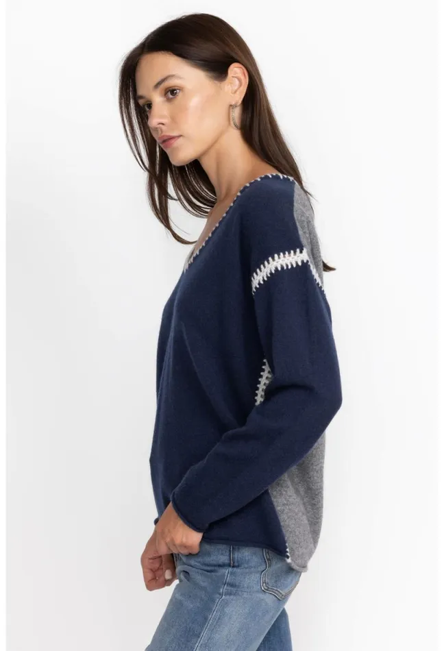 Women Johnny Was Tops The Whipstitch V Neck Pullover 8211 Color Block Navy
