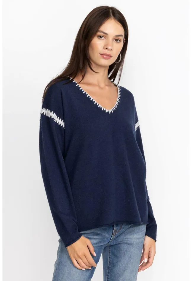 Women Johnny Was Tops The Whipstitch V Neck Pullover 8211 Color Block Navy