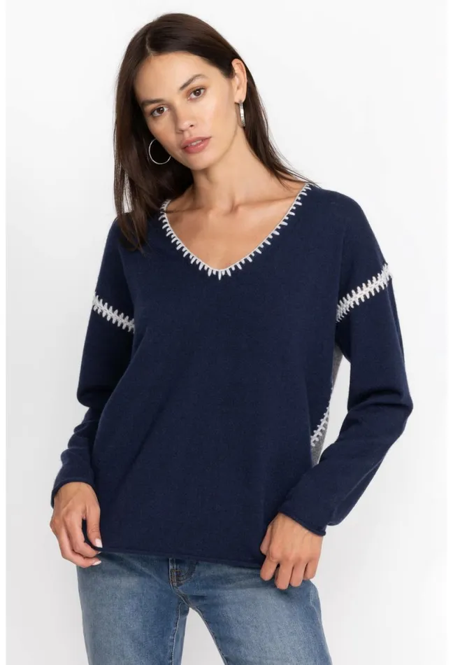 Women Johnny Was Tops The Whipstitch V Neck Pullover 8211 Color Block Navy