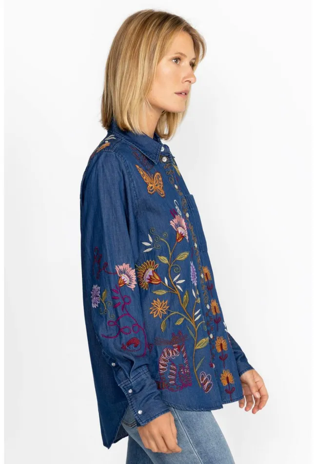 Women Johnny Was Tops Toni Relaxed Denim Pocket Shirt Denim Blue