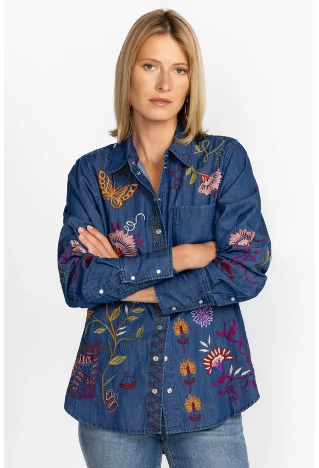 Women Johnny Was Tops Toni Relaxed Denim Pocket Shirt Denim Blue
