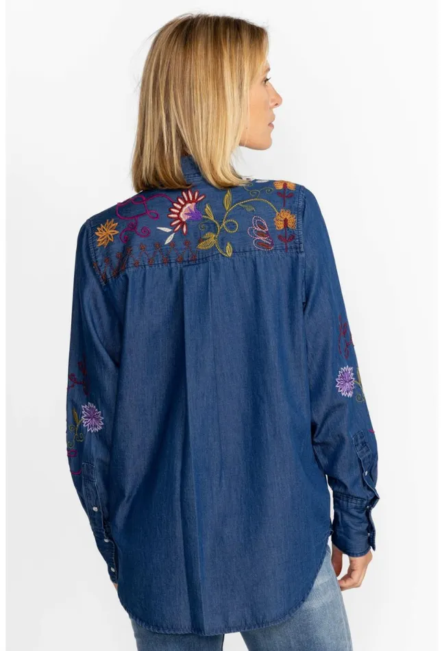Women Johnny Was Tops Toni Relaxed Denim Pocket Shirt Denim Blue