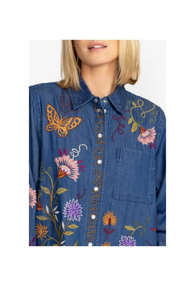 Women Johnny Was Tops Toni Relaxed Denim Pocket Shirt Denim Blue