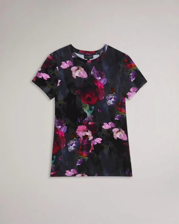 Women KARLYAA 8211 Painted Floral Print Fitted TShirt Black Ted Baker Tops and Blouses
