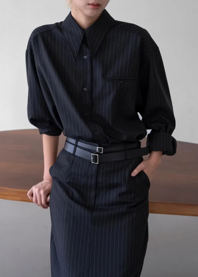 Women Kerry Button Up Shirt 8211 Black Pinstripe The Frankie Shop Tops
