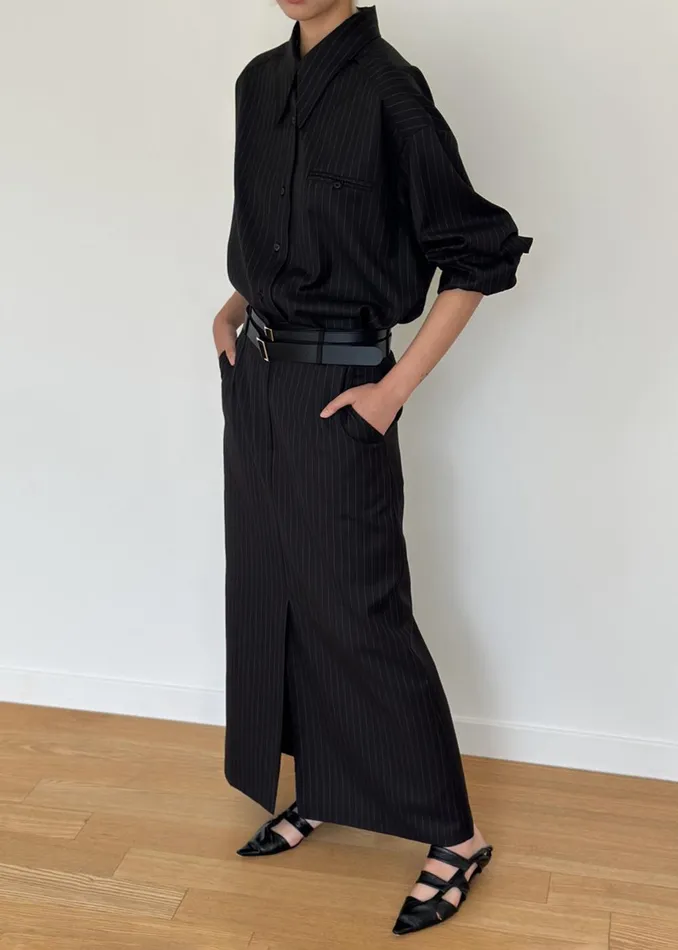 Women Kerry Button Up Shirt 8211 Black Pinstripe The Frankie Shop Tops
