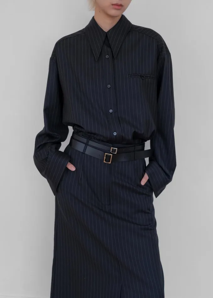 Women Kerry Button Up Shirt 8211 Black Pinstripe The Frankie Shop Tops