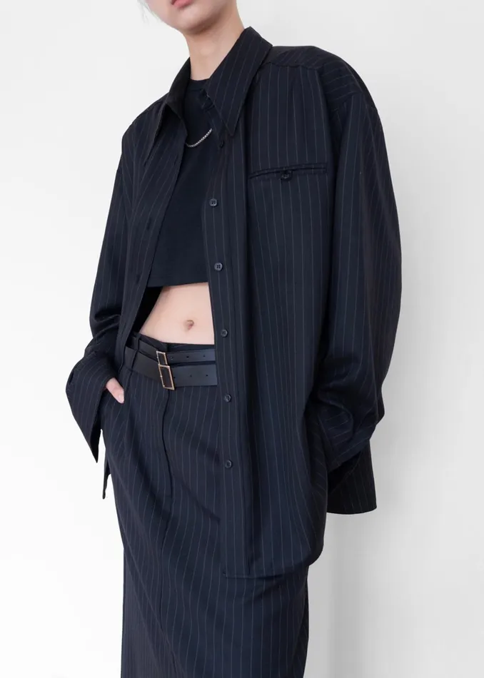 Women Kerry Button Up Shirt 8211 Black Pinstripe The Frankie Shop Tops