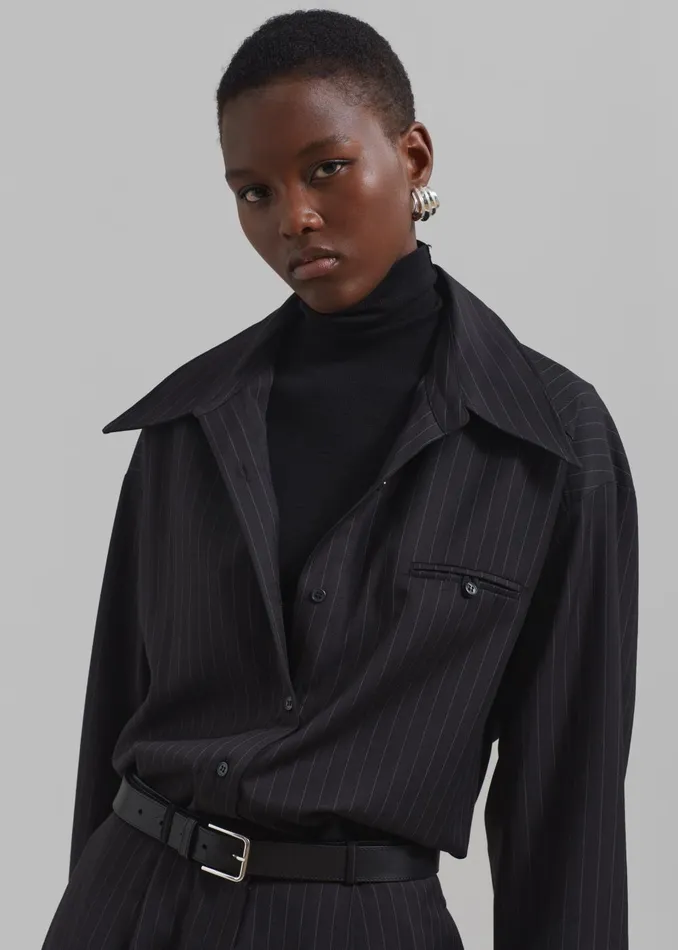 Women Kerry Button Up Shirt 8211 Black Pinstripe The Frankie Shop Tops