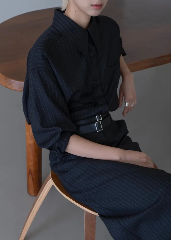 Women Kerry Button Up Shirt 8211 Black Pinstripe The Frankie Shop Tops