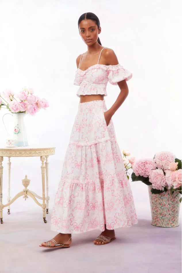 WomenKids Skirts LoveShackFancy Evera Bow Print Cotton Maxi Skirt Bubblegum Blast